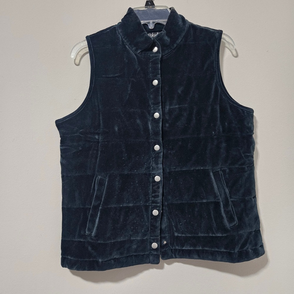 Rafaella Womens Navy Blue Velour Quilted Puffer Vest Mock Neck Snap Front Large